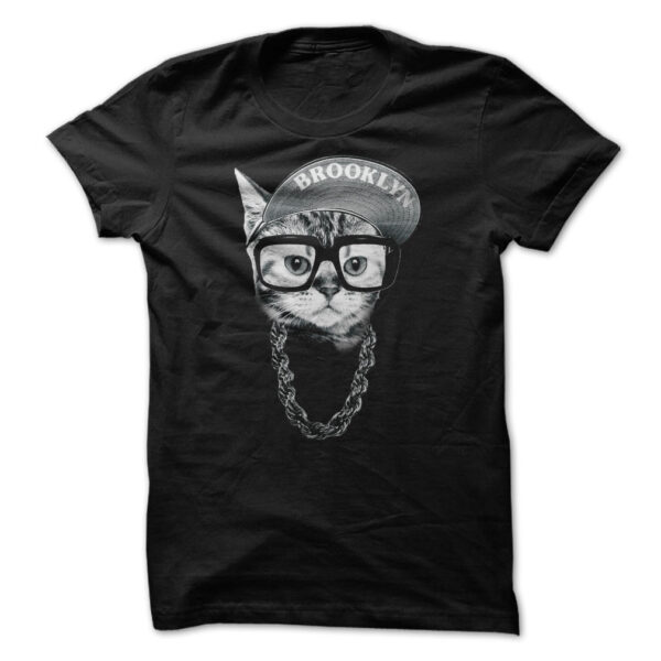 A cat wearing classic Spike Lee style t-shirt